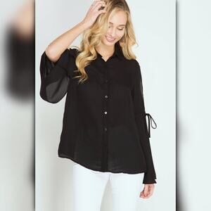♥ 559 ♥ (M) Bell Sleeve Button Down Sheer Blouse with Open Tied Sleeve Deta…